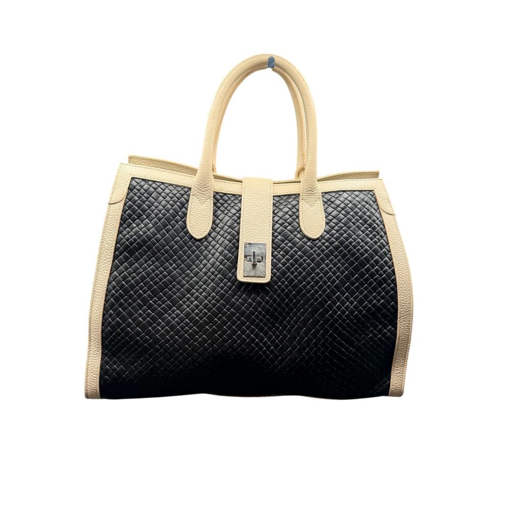 Claudia Firenze Woven Leather Tote Bag Italy Black Cream Large Satchel